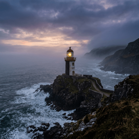 Lighthouse glowing on rocky cliff surrounded by sea and mist at dusk
